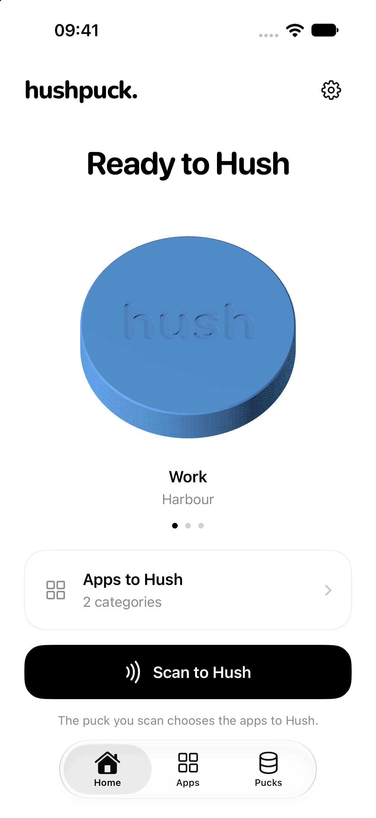 Actual Hushpuck iPhone app: Ready to Hush, Work puck in Harbour, with its own apps to Hush.