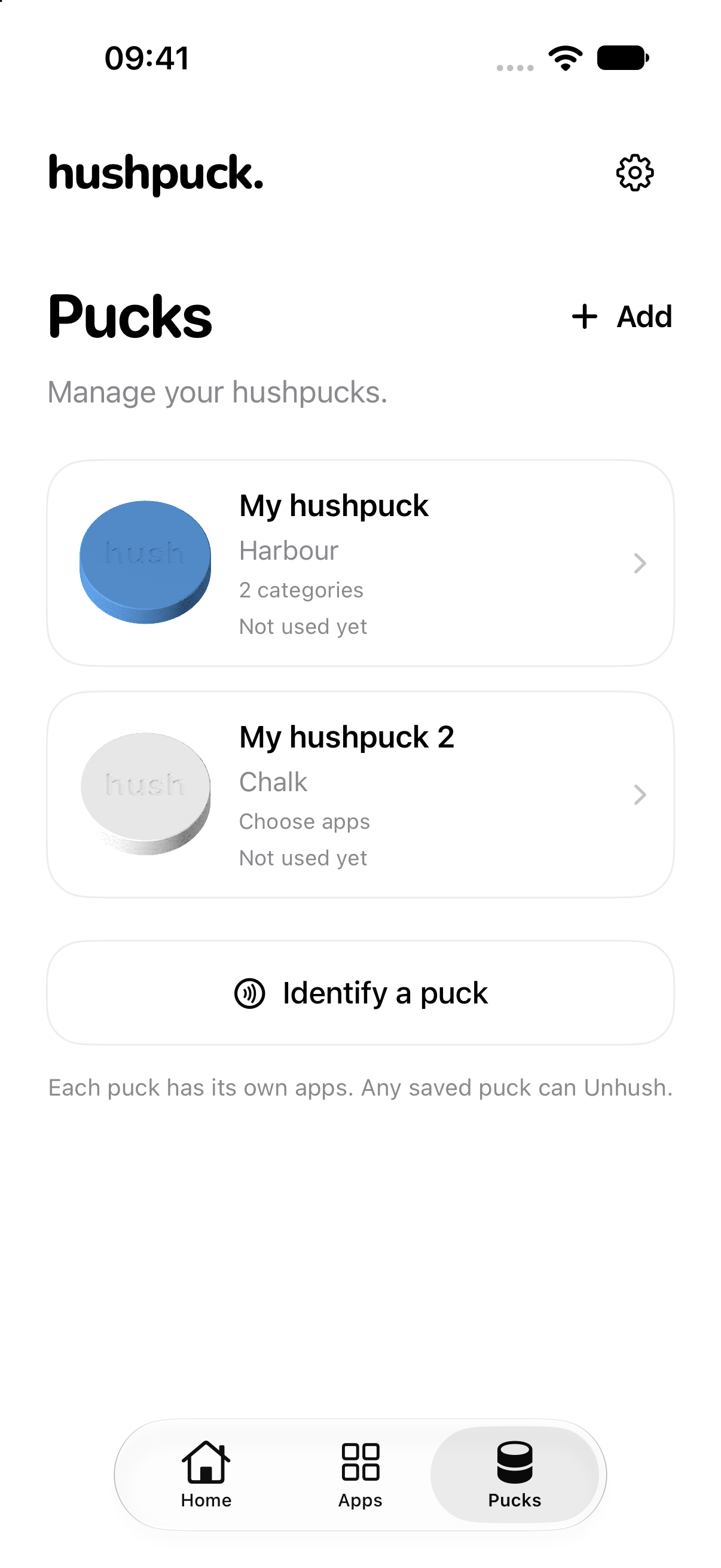 Real Hushpuck app showing saved pucks