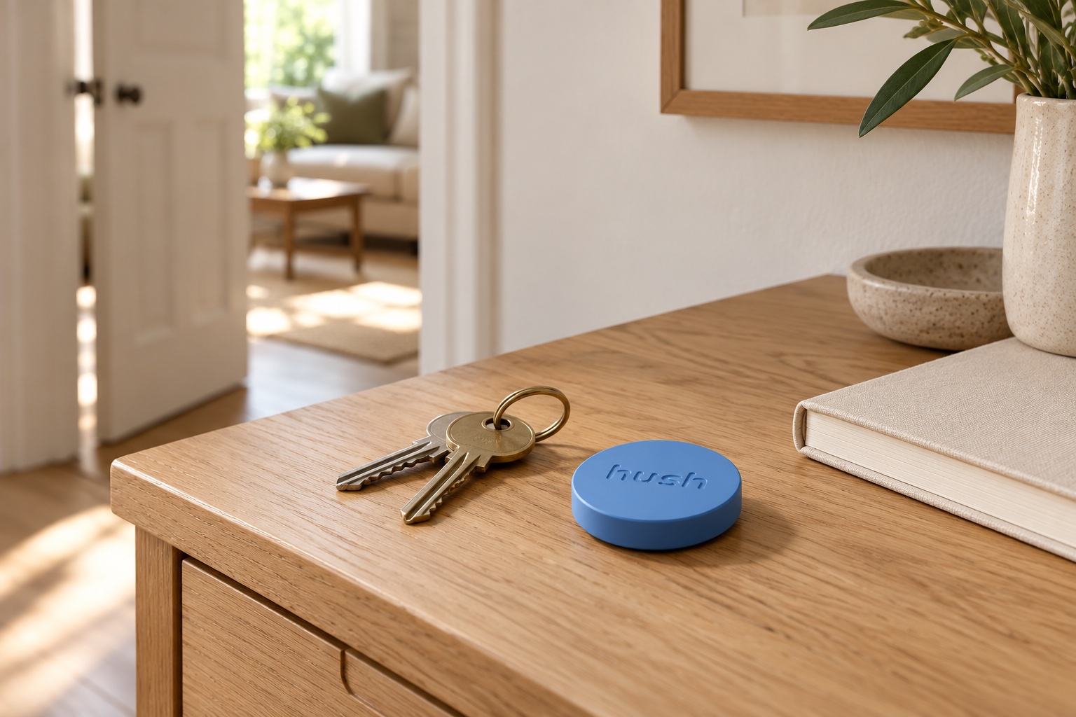 Concept photograph of a small inset Harbour puck on a hallway table beside keys