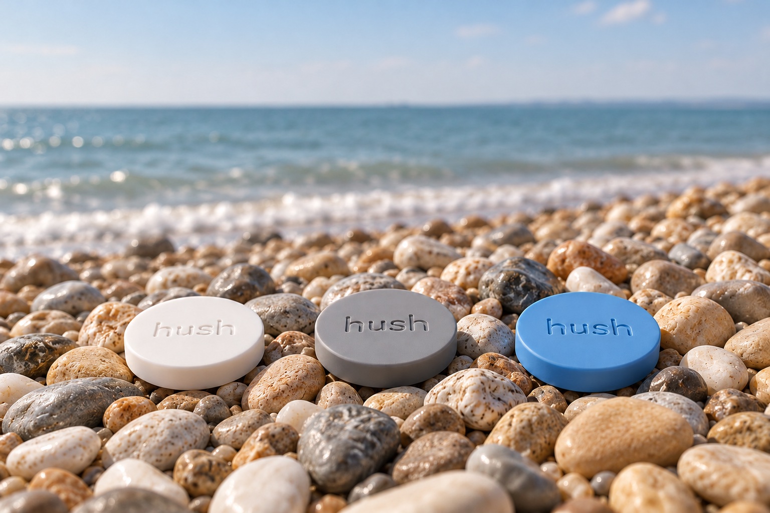 Product visualisation of equally sized Chalk, Pebble and Harbour hushpucks on a pebble beach beside calm water and a low sea horizon.